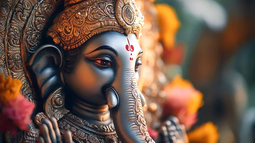 Golden Ganesha serenity with soft blooms and glowing light.