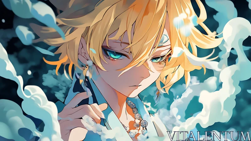 Mystic blonde mage with swirling blue spirit clouds.