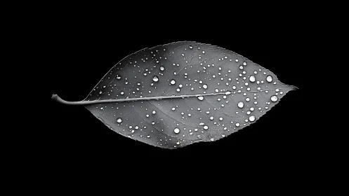 Single leaf with water droplets is isolated on black