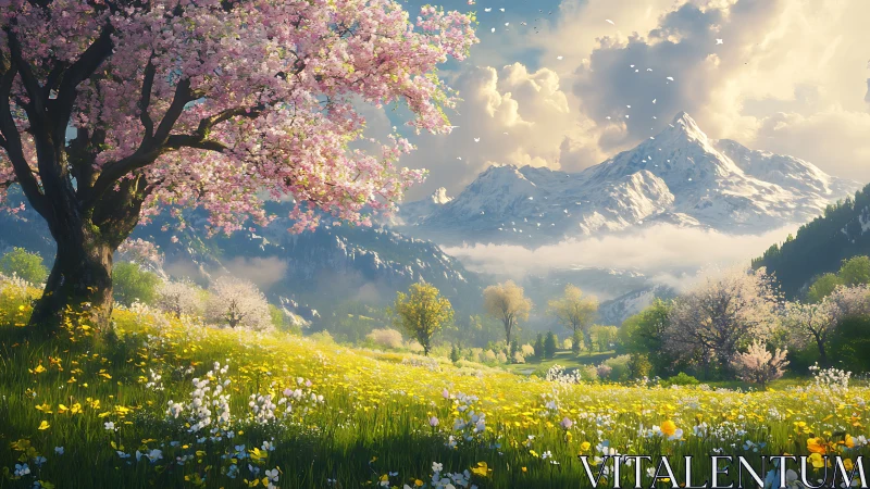 Mountain meadow with flowering tree and distant snow peaks.