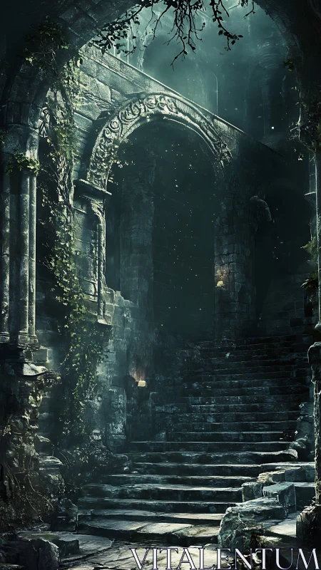 Ancient stone staircase in decayed gothic ruins at night.