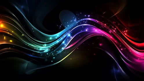 Chromatic lightwave ribbons on deep black ground digital panel.