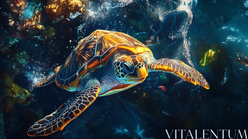 Radiant sea turtle glides through shimmering coral reef waters.