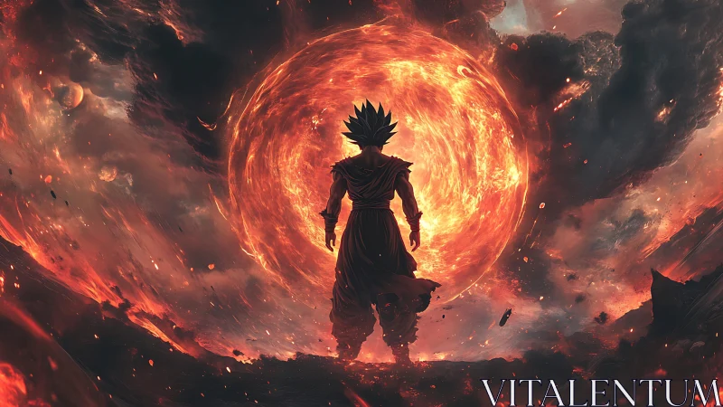 Solar storm warrior stands defiant before a roaring worldfire