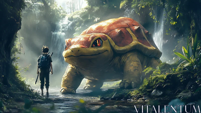 Colossal jungle turtle confronting lone explorer in misty gorge.