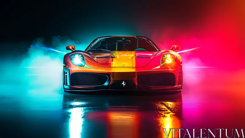 Twin-colored supercar glows boldly in vibrant neon mist