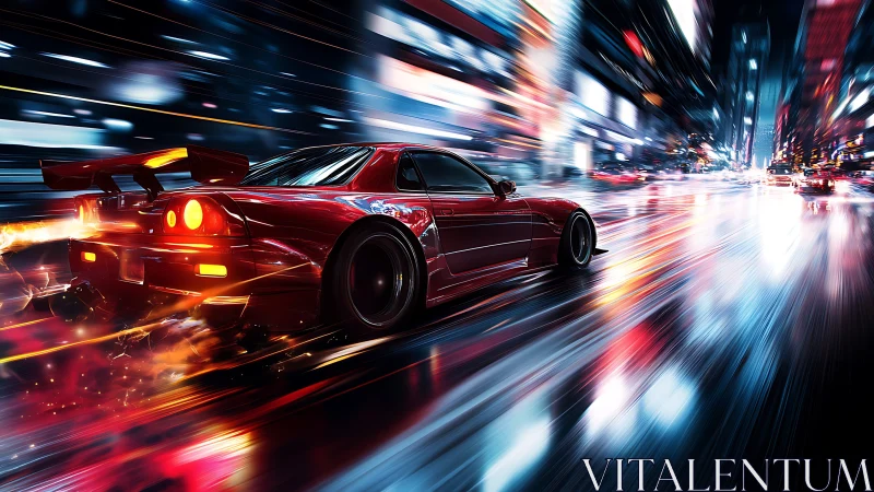 Crimson street racer slicing through neon city rainlight.