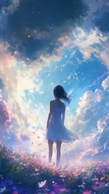Girl in a breezy flower field gazing into a glowing sky.