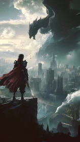 Armored warrior confronts colossal dragon above ruined city