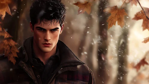 Brooding young man walks through stormy autumn forest
