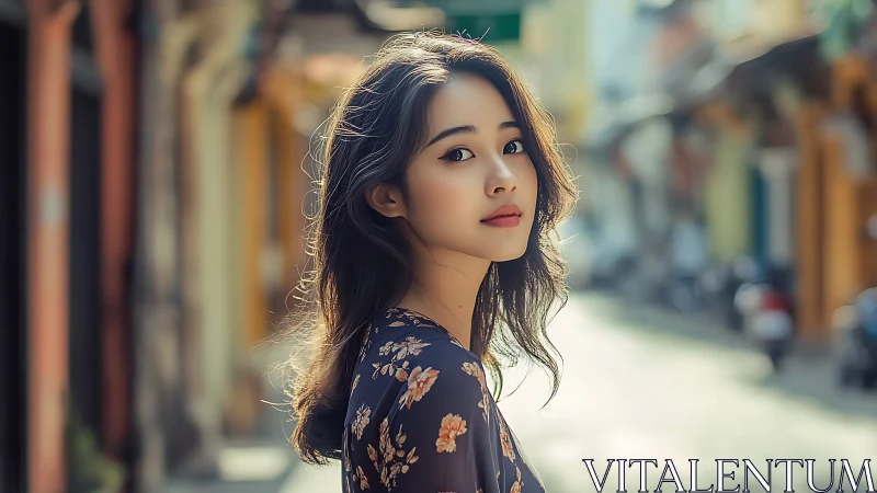 Street portrait in soft backlight with floral dress subject.