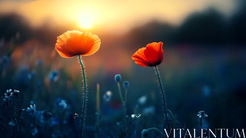 Poppies backlit against luminous sunrise with selective focus depth.