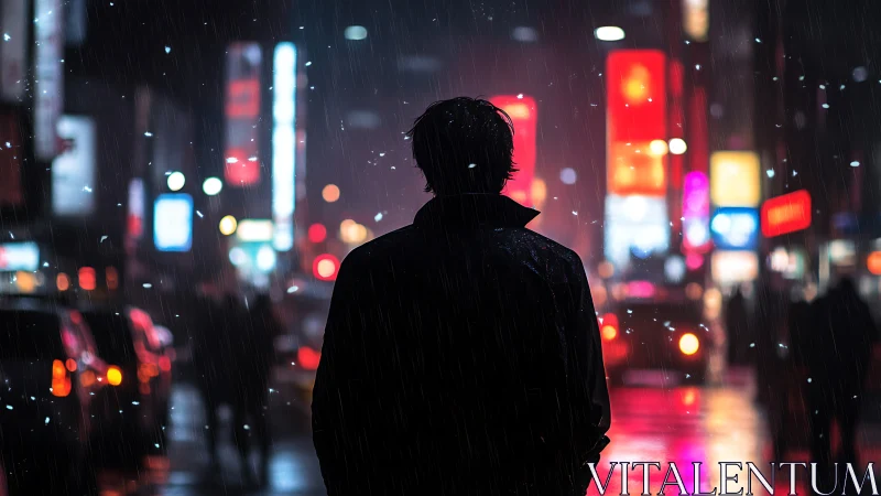 Silhouette in neon rain against blurred metropolitan traffic.