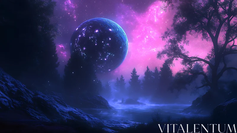 Celestial sphere illuminates misty alien forest river basin