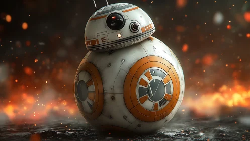 Spherical sci fi droid stands in glowing embers and smoke