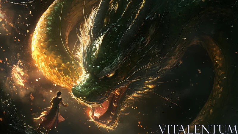 Warrior faces massive glowing dragon amid embers.