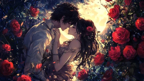 Romantic anime couple embracing under moonlit roses.