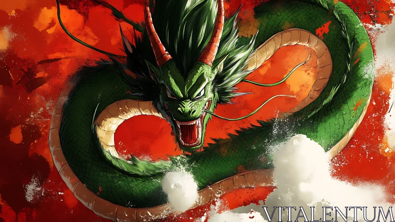 Emerald dragon coils through burning crimson storm sky.