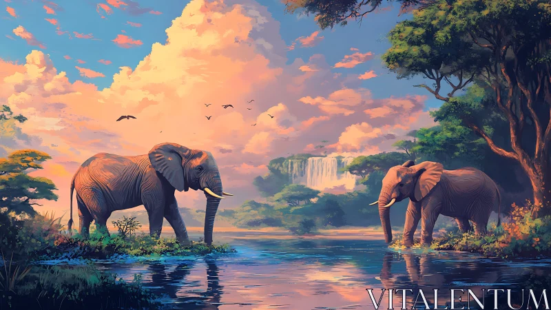 Elephants at sunset river beneath pastel waterfall sky.