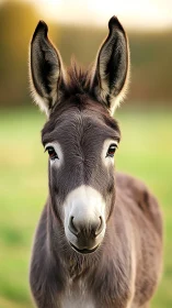 Front-facing young donkey portrait in soft rural daylight