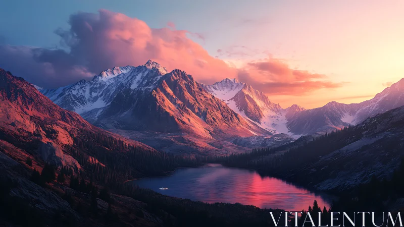 Sunlit alpine peaks overlook mirror lake at vivid sunset.