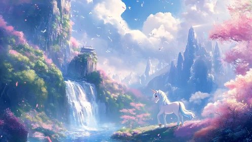 Unicorn beside waterfall in luminous pastel fantasy valley.