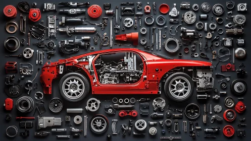 Red sports car exploded into a playful grid of parts.