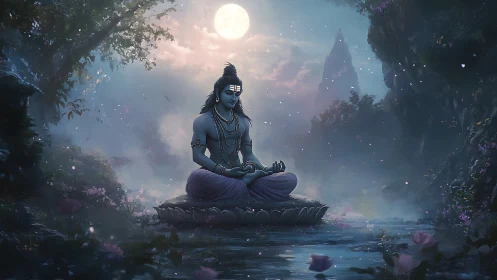 Moonlit seated deity in misty forest water landscape scene.