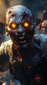 Glowing-eyed ghoul lunges forward through firelit chaos
