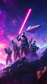 Stormtroopers clash in neon sci‑fi battle under starry sky.