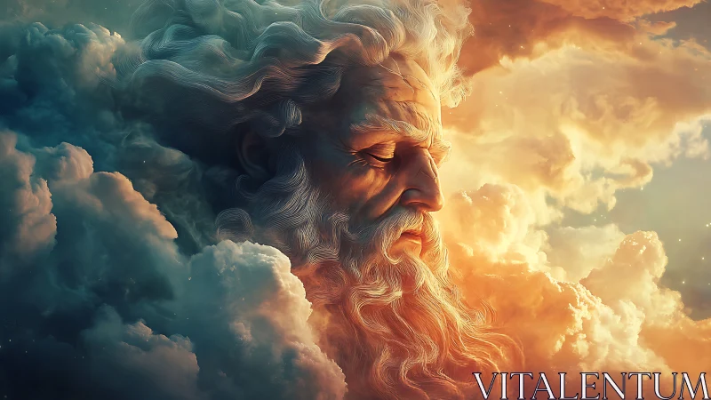 Atmospheric deity portrait with volumetric clouds and light fields.