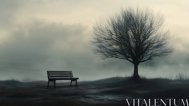 Empty bench stands beside leafless tree in dense fog