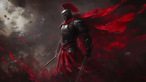 Armored warrior with dual swords in red-tinted battlefield.
