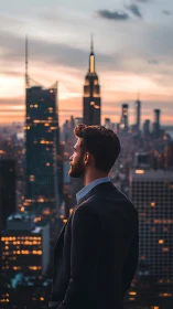 Portrait silhouette against sunset urban skyline, vertical frame.