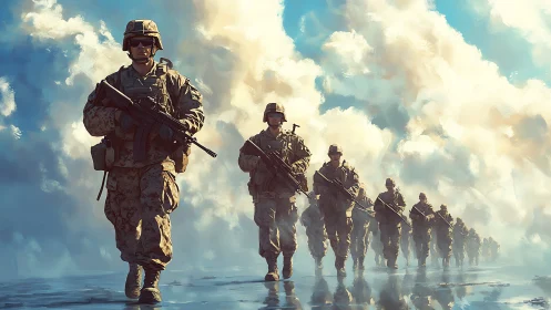 Digital painting of armed soldiers marching under vast clouds.