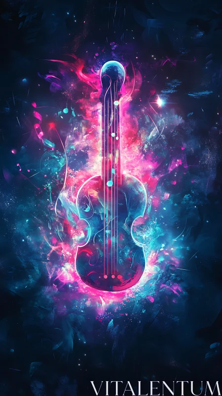 Violin silhouette is rendered with luminous neon color fields