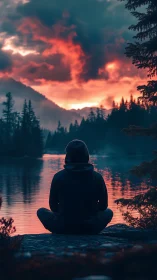Solitary hooded figure meditating by neon-lit mountain lake.
