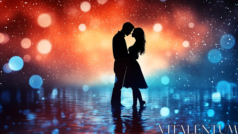 Silhouetted couple kiss beneath glowing bokeh lights