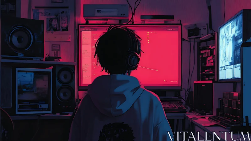 Neon-lit coder at multi-monitor workstation in dark studio.