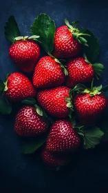 Ripe strawberries arranged on dark moody background.