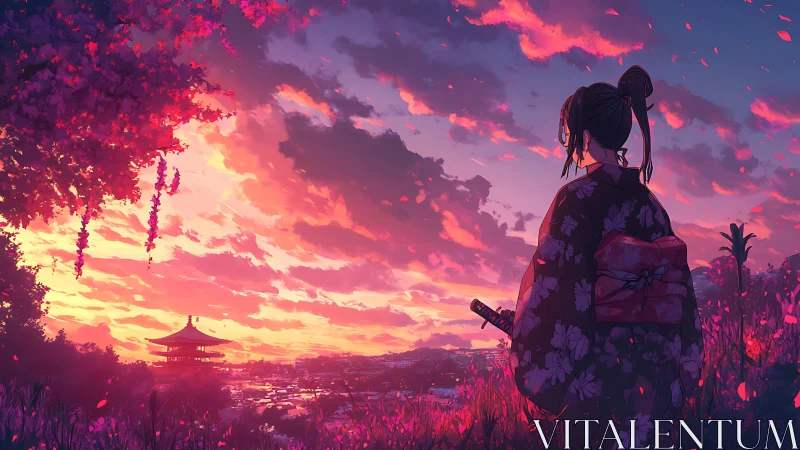 Samurai woman in kimono studies sunset over distant pagoda