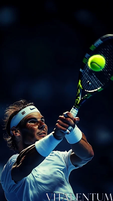 Photorealistic tennis backhand under dramatic arena lighting.