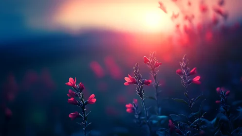 Crimson Flowers Glowing in Sunset Haze