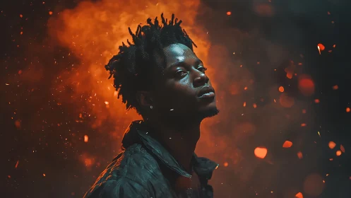 Ember-lit gaze carves quiet defiance through drifting sparks