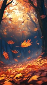 Autumn forest floor glows under swirling golden leaves.