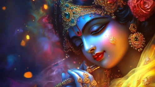 Blue divine musician with jeweled crown and glowing flute