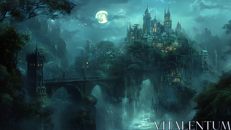 Moonlit gothic fortress city above misty river gorge.