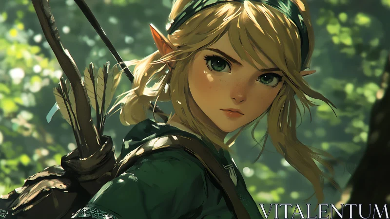 Elven archer portrait in sunlit forest with dynamic lighting.