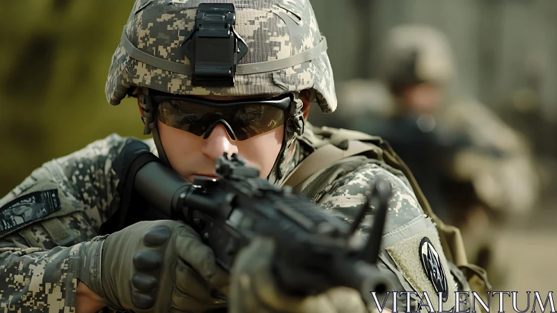 Ballistic optics soldier aiming rifle in shallow field focus.