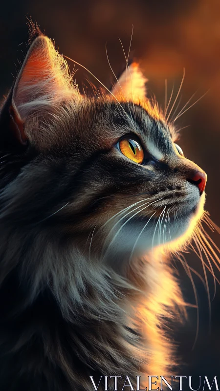 Cat head with amber eyes in warm golden light.